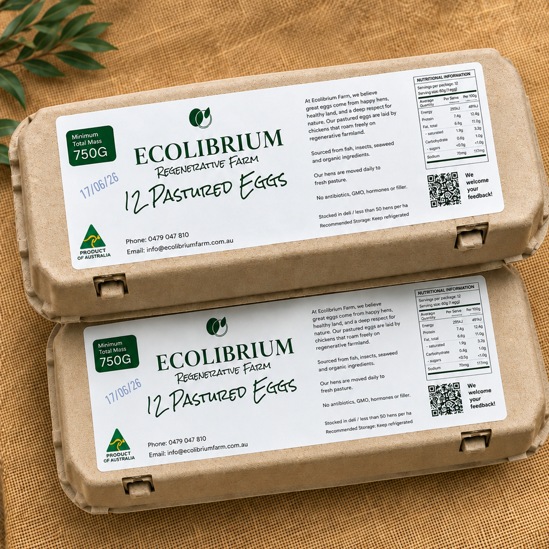 Two cartons of Ecolibrium Regenerative Farm pastured eggs stacked on a burlap surface with a green leafy sprig in the corner.